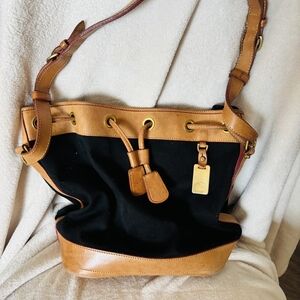 Dooney & Bourke Black Canvas Shoulder Bag with Tan Leather Trim